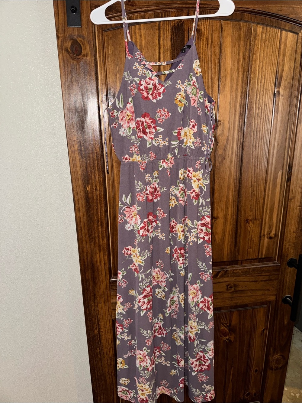 Floral Spaghetti Strap Maxi Dress - Mauve with Pink & Yellow Blooms